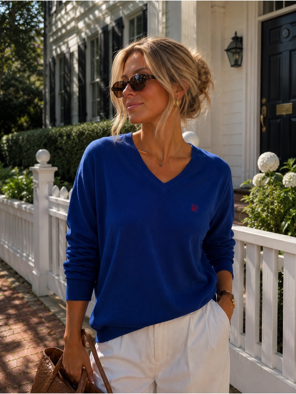 CH Carolina Herrera Pima Cotton Blue V Neck Sweater XL Quiet Luxury Preppy